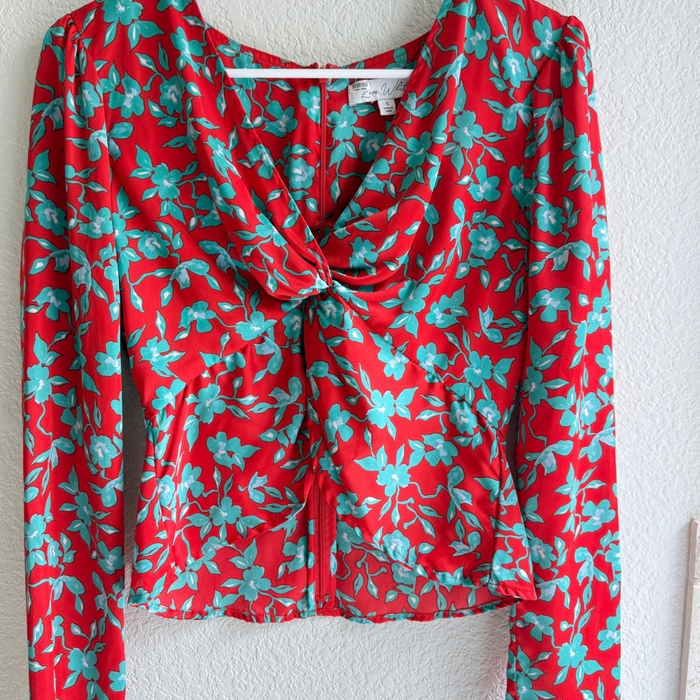 Floral Red and Aqua Women's waist fitting Top